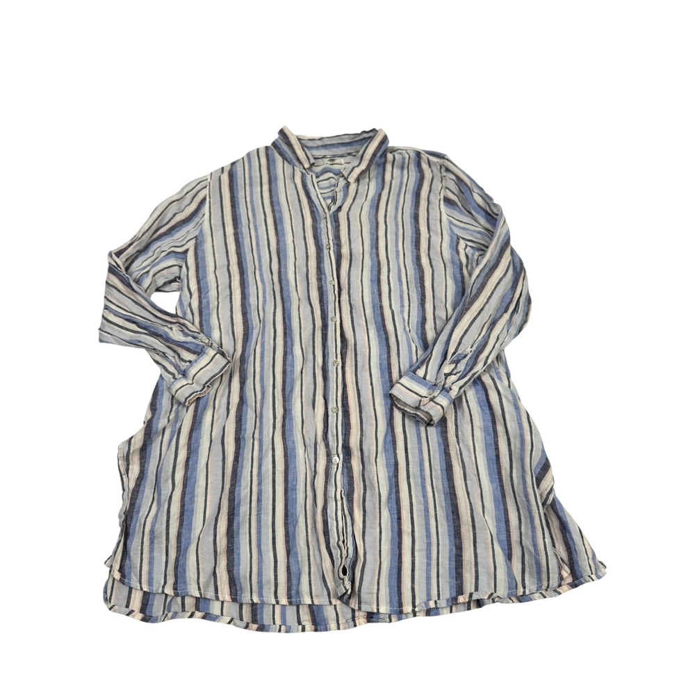 Artisan NY 100% Linen Striped Button Down Tunic Shirt Blue Pink White Womens 3X